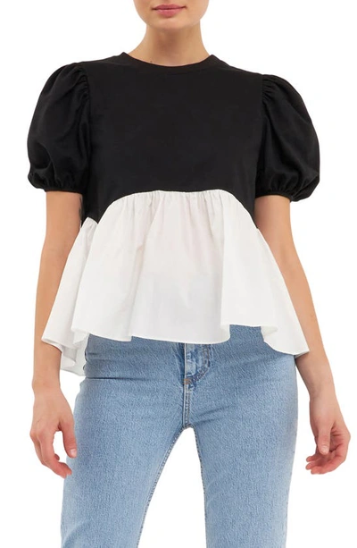 English Factory Mix Media Puff Sleeve Peplum Top In Black/ White