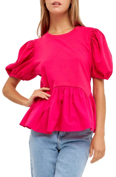 English Factory Mixed Media Puff Sleeve Top In Fuchsia