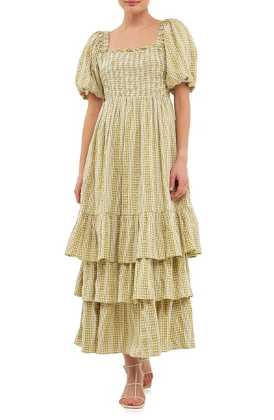 English Factory Gingham Stripe Tiered Dress In Avocado