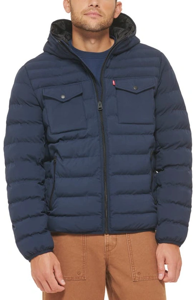 Levi's Stretch Hooded Puffer Jacket In Navy