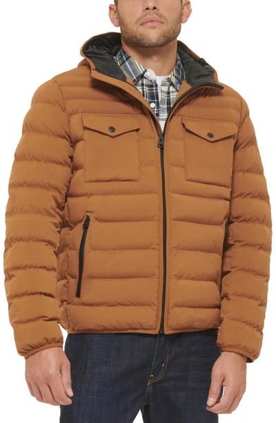 Levi's Stretch Hooded Puffer Jacket In Brown