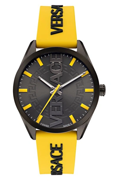 Versace Men's V-vertical Silicone Logo Watch, 42mm In Yellow+black