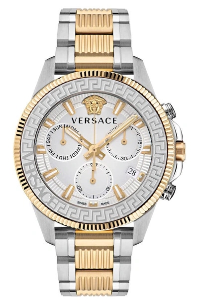 Versace Men's Swiss Chronograph Greca Action Two Tone Stainless Steel Bracelet Watch 45mm In Two Tone  / Gold Tone / Silver / White