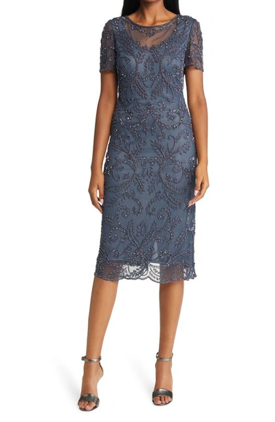 Pisarro Nights Beaded Illusion Neck Dress In Slate