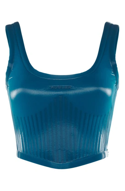 Mugler Shell-panelled Logo-embossed Stretch-woven Top In Teal 6059