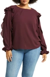 Cece Ruffle Sleeve Crepe Top In Rich Cabernet