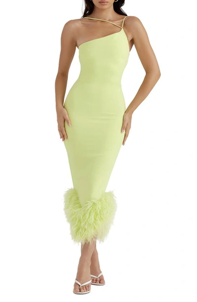 House Of Cb Alessia Asymmetric Feather Trim Midi Dress In Lime