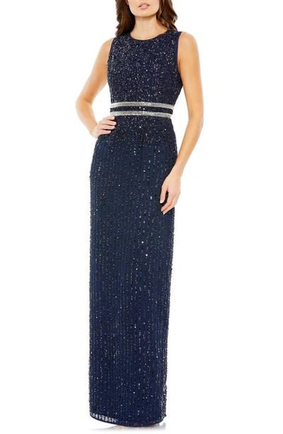 Mac Duggal Green Sequined High Neck Sleeveless Column Gown In Us 0