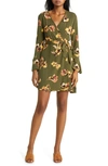 Loveappella Floral Long Sleeve Faux Wrap Dress In Olive