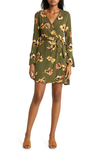 Loveappella Floral Long Sleeve Faux Wrap Dress In Olive