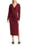 Loveappella Long Sleeve Faux Wrap Midi Dress In Burgundy