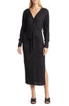 Loveappella Long Sleeve Faux Wrap Midi Dress In Black