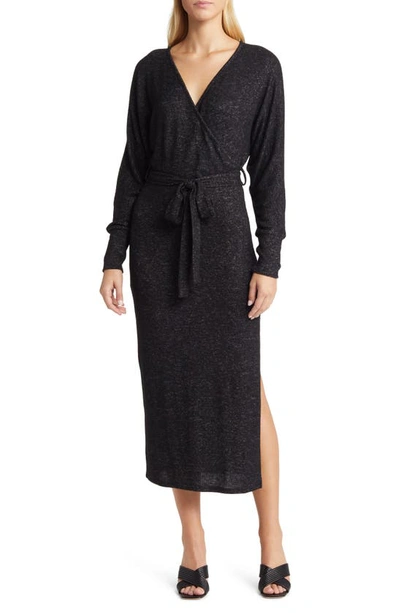 Loveappella Long Sleeve Faux Wrap Midi Dress In Black