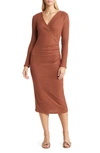 Loveappella Long Sleeve Faux Wrap Midi Dress In Rust
