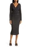 Loveappella Long Sleeve Faux Wrap Midi Dress In Black