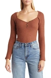 Loveappella V-neck Long Sleeve Henley Top In Brown