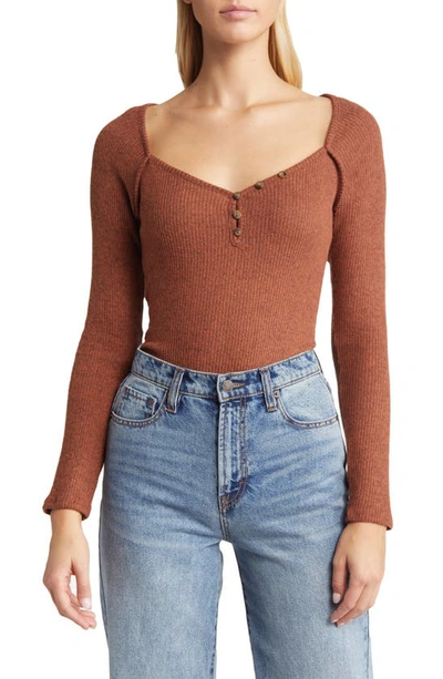 Loveappella V-neck Long Sleeve Henley Top In Brown