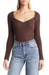 Loveappella V-neck Long Sleeve Henley Top In Chocolate