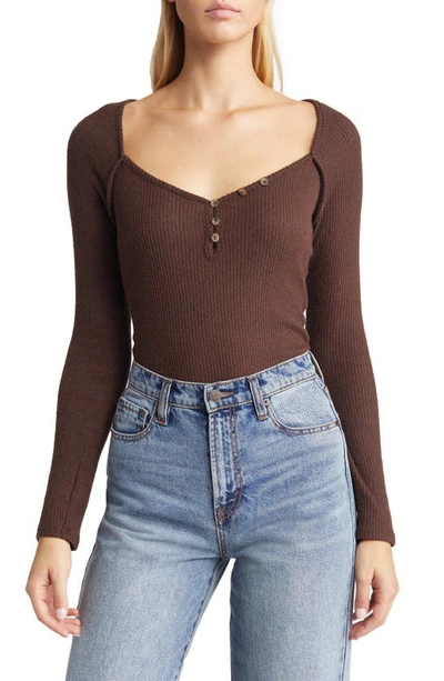 Loveappella V-neck Long Sleeve Henley Top In Chocolate