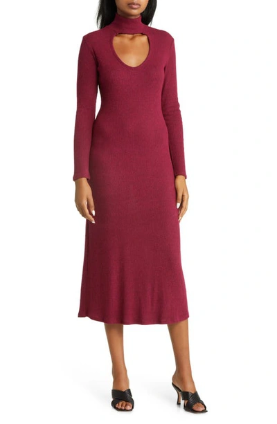 Loveappella Cutout Long Sleeve Midi Dress In Burgundy