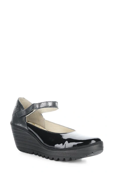 Fly London Yawo Wedge Mary Jane Loafer In Black/ Silver/ Flash
