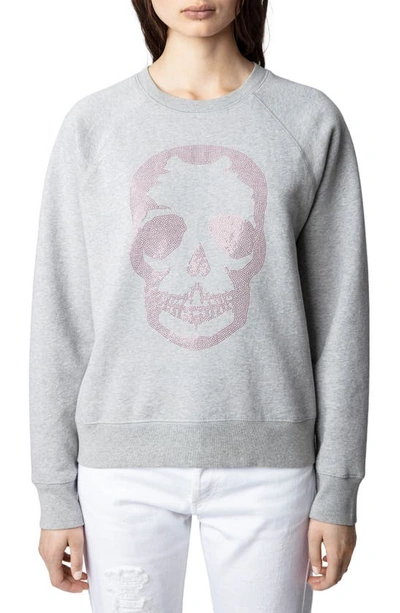 Zadig & Voltaire Upper Strass Embellished Skull Cotton Sweater In Gris