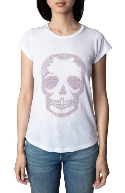 Zadig & Voltaire Embellished Skull Cotton & Modal Skinny T-shirt In White/ Pink