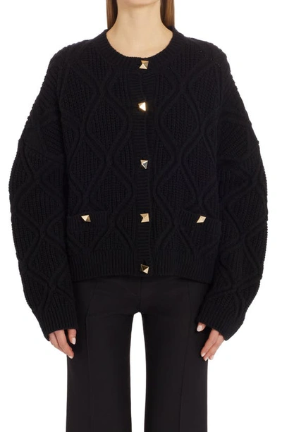 Valentino Rockstud Cable Wool-cashmere Cardigan In Black