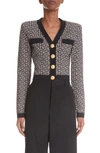 Balmain Monogram Jacquard Crop Wool Blend Cardigan In Blk/wht