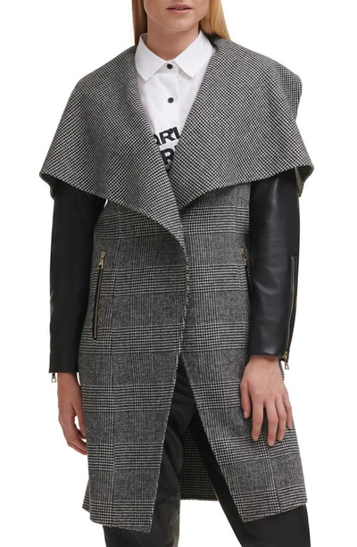 Karl Lagerfeld Mix Plaid Drape Collar Wool Blend Coat In Black-white