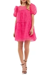 English Factory Gridded Puff Sleeve Dress In Fuchsia