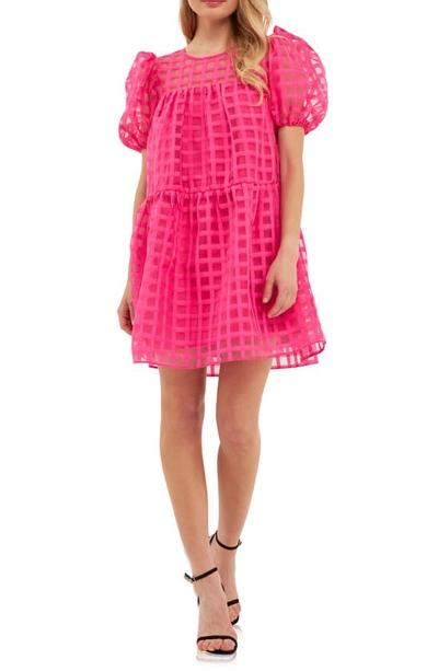 English Factory Gridded Puff Sleeve Dress In Fuchsia