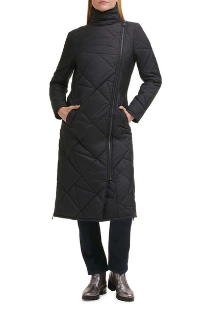 Karl Lagerfeld Quilted Asymmetric Midi Coat In Black