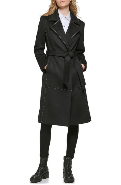 Karl Lagerfeld Stud Detail Wool Blend Wrap Coat In Black