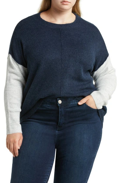 Vince Camuto Extended Shoulder Colorblock Sweater In Vintage Blue/ Silver Hthr