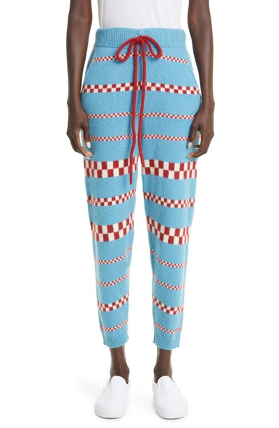 The Elder Statesman Speed Check-intarsia Cashmere Track Trousers In Adriatic/ Ivory/ Brick