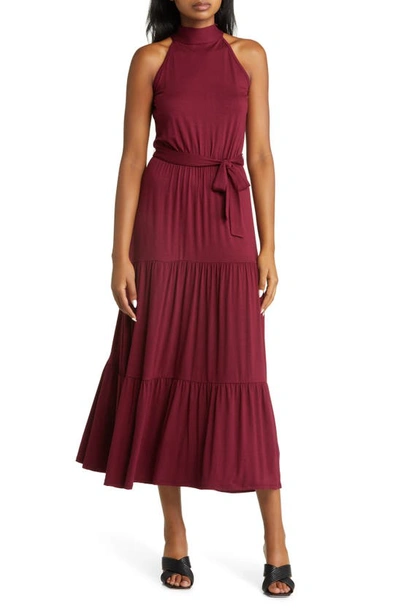 Loveappella Tiered Halter Maxi Dress In Burgundy