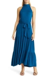 Loveappella Tiered Halter Maxi Dress In Teal