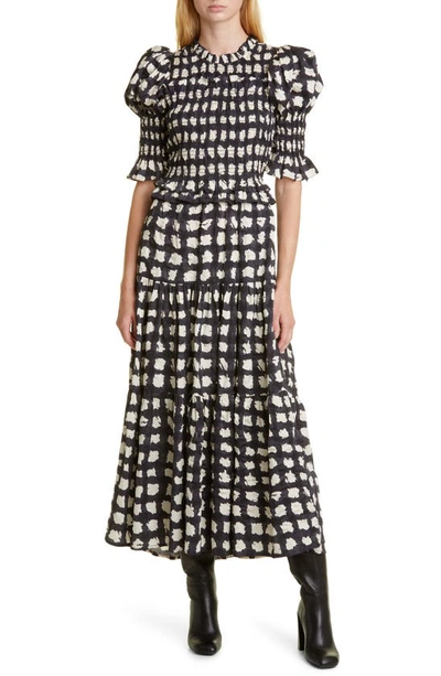 Sea Ginger Gingham Smocked Midi Dress With Puffed Sleeves In Charcoal