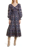Sea Noah Tiered Shirred Floral-print Cotton-voile Midi Dress In Navy