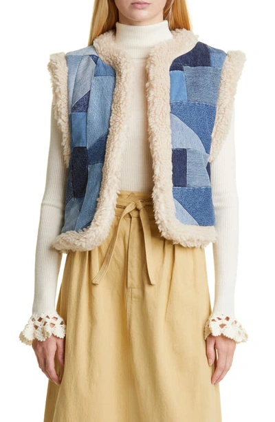 Sea Diego Faux Shearling Lined Denim Patchwork Vest In Blue