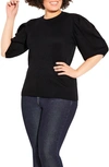 City Chic Sweet Rib Puff Sleeve Top In Black