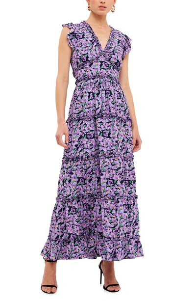 Free The Roses Floral Ruffle Detail Long Dress In Purple Multi