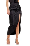 Endless Rose Side Slit Ruched Satin Midi Skirt In Black