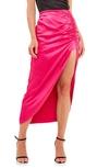 Endless Rose Side Slit Ruched Satin Midi Skirt In Fuchsia