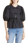 Ganni Poplin Front-tie Peplum Blouse With Puffed-sleeves In Black