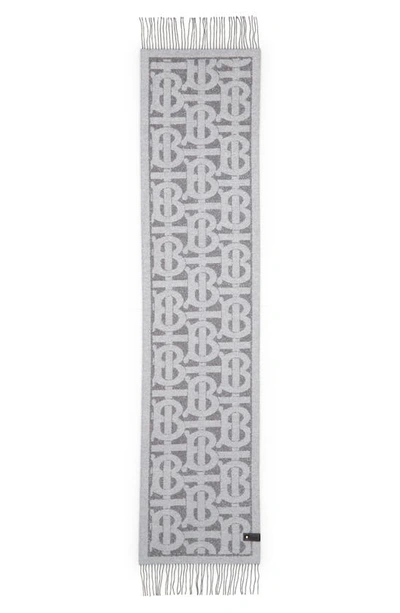 Burberry Oversize Tb Monogram Fringe Cashmere & Silk Scarf In Grey