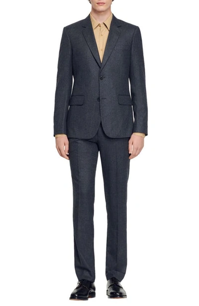 Sandro Virgin Wool Flannel Suit Jacket In Charcoal Grey