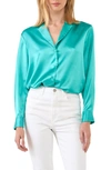 Endless Rose Satin Button-up Blouse In Aqua