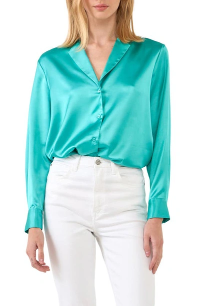 Endless Rose Satin Button-up Blouse In Aqua
